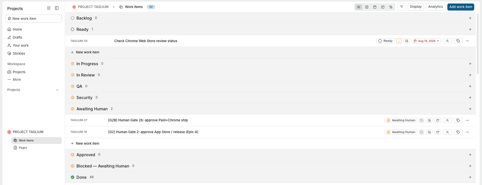 A real Skyformers project board with states for Ready, In Progress, QA, Security, Awaiting Human, Approved, and Done, showing tasks routed and gated automatically.